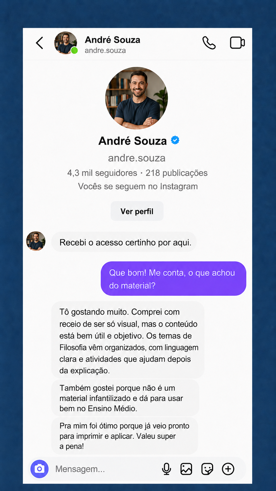 Depoimento em mensagem direta do Instagram sobre o Material Visual de Filosofia