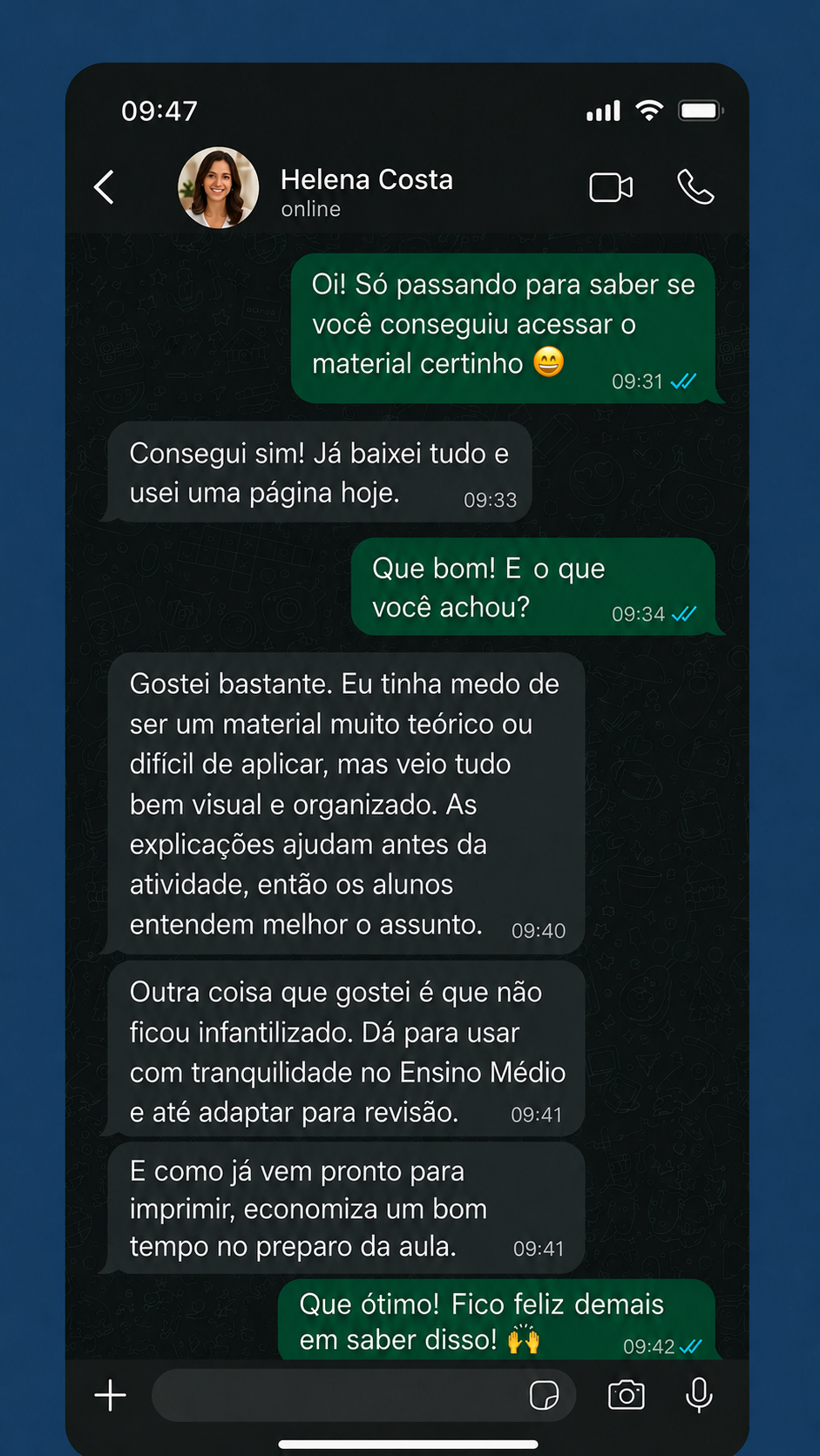 Depoimento em conversa no WhatsApp sobre o Material Visual de Filosofia