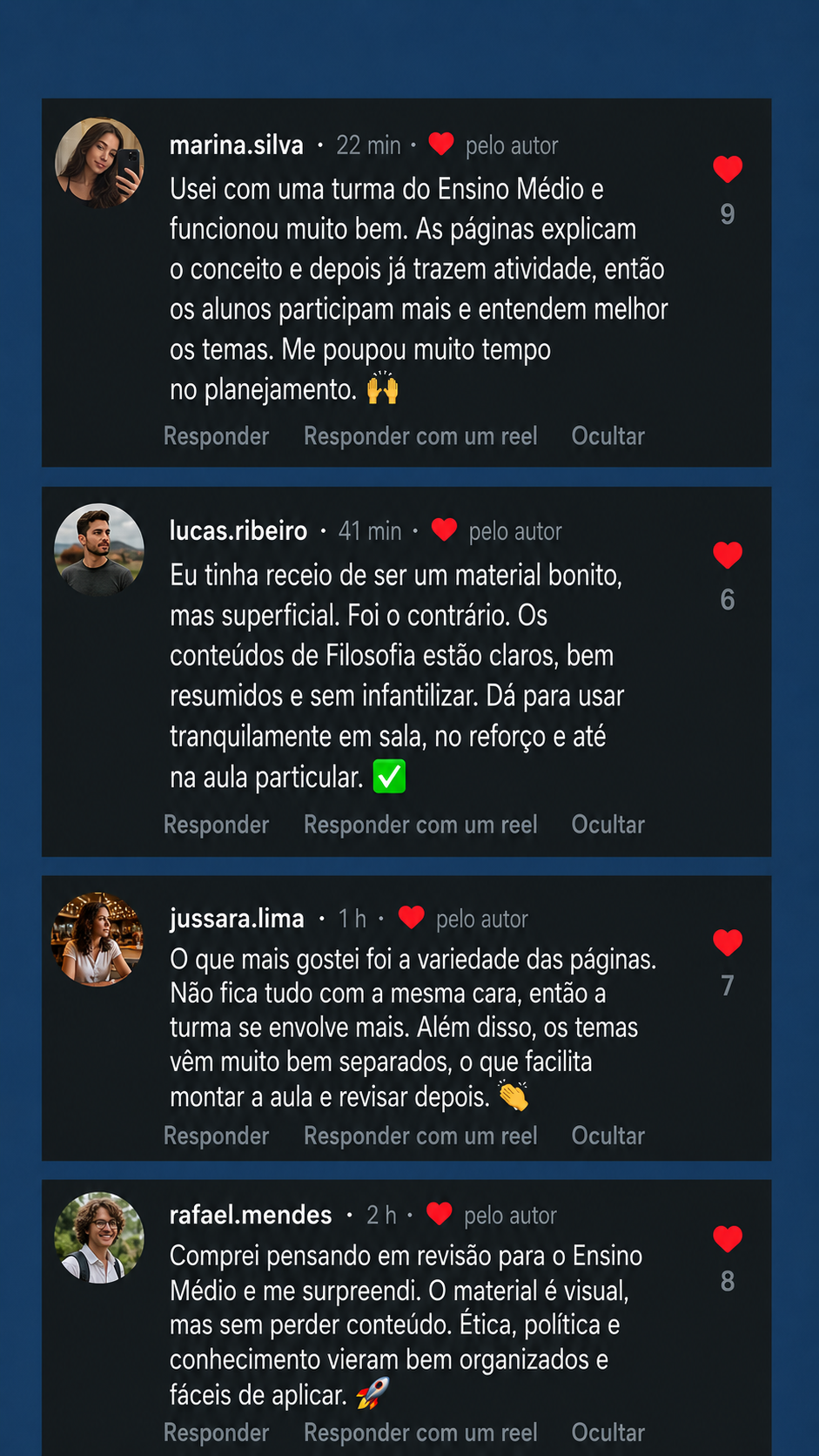 Depoimento em comentários de professores sobre o Material Visual de Filosofia